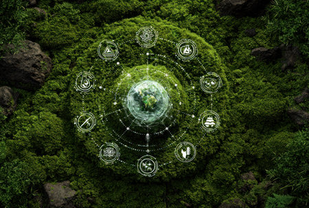 An overhead view reveals a detailed illustration featuring a globe at the center, surrounded by interconnected icons. The image showcases green hues and detailed textures, with soft lighting enhancing the central elements. Suitable for illustrating various themes, it has potential use in commercial projects.の素材