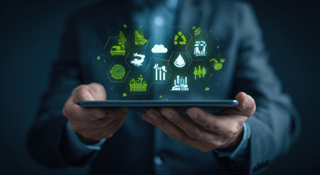 A person in a business suit holds a tablet displaying a collection of green icons representing sustainability and ecological concepts. The image showcases a digital interface against a dark background, with a focus on environmental responsibility. The scene is suitable for use in business presentations or content related to eco-conscious practices.の素材