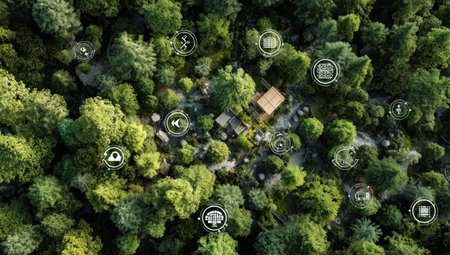 An overhead shot reveals a dense green forest, possibly a natural reserve, featuring a small structure nestled among the trees. The image showcases vibrant colors with a focus on natural textures and details. Various digital icons are integrated, hinting at technological or conceptual applications, perfect for multiple uses.の素材