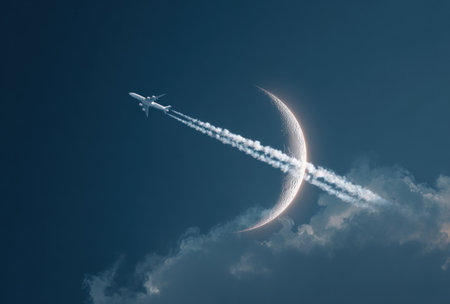 A passenger airplane streaks across a dark blue sky, its vapor trail creating a path near the crescent moon. Soft, white clouds are positioned beneath the moon. This scene captures a moment of flight, potentially suitable for travel or celestial-themed projects and commercial applications.の素材