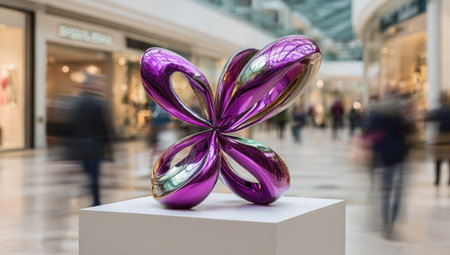 A shiny, purple abstract sculpture is presented on a white platform. The artwork features smooth, curved forms. The image showcases a modern aesthetic, with a shallow depth of field, set in an indoor environment. This image could be used for editorial content or design projects.の素材