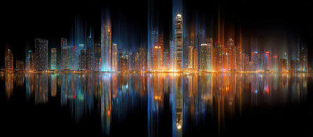 This abstract illustration features a nighttime cityscape, with tall buildings illuminated in vibrant colors. Reflections of the lights and structures create symmetry. The artwork uses dynamic lines and suggests a modern, urban environment. Suitable for commercial and editorial uses such as web design or marketing materials.の素材