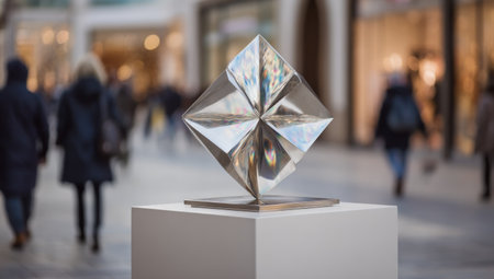 A polished metal sculpture, the primary subject, sits on a white pedestal. Its reflective surface contrasts with a soft, blurred background depicting pedestrians. The artwork's form and texture highlight its presence, suggesting potential use for artistic projects or editorial contexts. The lighting suggests an outdoor environment.の素材