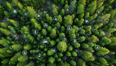 An overhead shot presents a dense green forest canopy, possibly coniferous trees. Floating above, white digital icons connect via dotted lines, suggesting data integration. The scene uses natural lighting, highlighting the textures and variety of the foliage. This image suits concepts about technology, ecology, and sustainable practices, applicable for various design projects.の素材