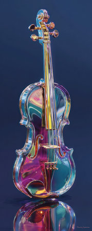 A transparent violin is the main subject, reflecting vibrant colors across its surface. The image presents a studio shot with smooth gradients and highlights. The instrument is positioned for clear visibility, creating a reflective surface below, suggesting commercial usage within music, art, and design contexts.の素材