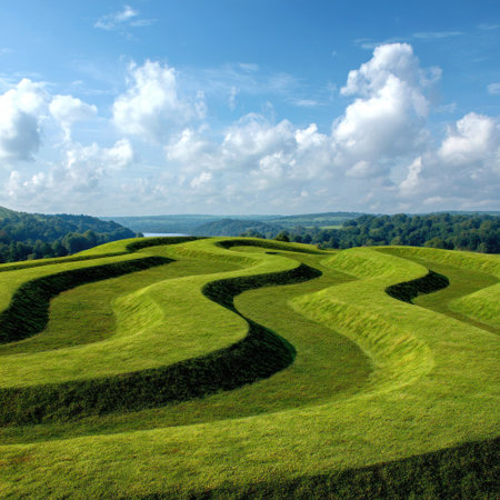 An aerial view presents a pattern of undulating green hills under a bright blue sky dotted with fluffy white clouds. The natural landscape displays a rhythmic flow of grassy forms. The image's composition and vibrant colors suggest its potential use in various design projects and editorial content.の素材