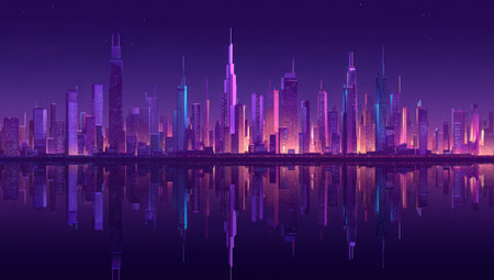 An illustration depicts a modern city skyline reflecting on calm waters. The composition features a rich palette of purples and blues, with illuminated towers. This vector image conveys futuristic concepts, ideal for digital design projects, and promotional materials. The artwork is suitable for various commercial uses.の素材