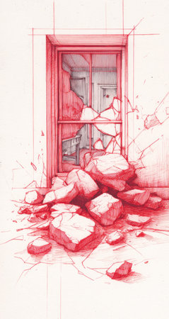 An artistic sketch portrays a shattered window, the focal point surrounded by red-toned debris. The composition features interior elements hinting at a room. The style leans towards a conceptual representation. It would be suitable for various commercial or editorial applications related to damage or concepts.の素材