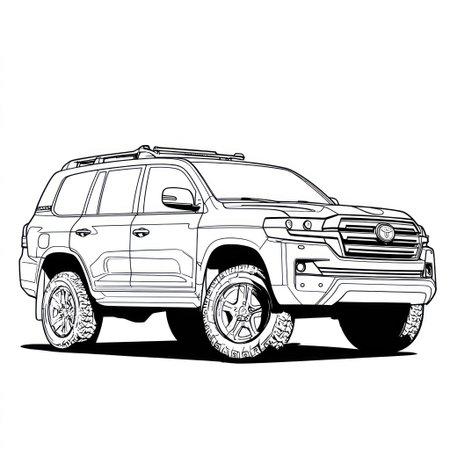 A detailed black and white illustration depicts a sport utility vehicle. The artwork features a side view of the vehicle, emphasizing its design. The illustration style is clean and precise. The composition is straightforward, against a white background. This image could be suitable for various commercial and illustrative purposes.の素材