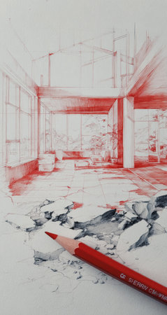 This image presents a red and white sketch of an interior space, possibly a room or building. A red colored pencil lies in the foreground, with the sketch in the background. The artwork features lines and shading, suggesting a draft or artistic rendering of space. It may be suitable for architectural, design, or conceptual uses.の素材