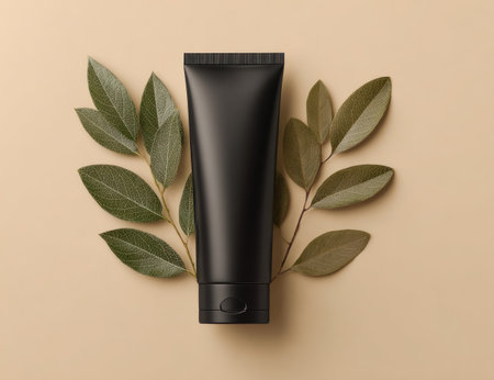 A black cosmetic tube is centrally positioned, encircled by green leaves, against a uniform beige backdrop. The composition is a flat lay with overhead lighting, showcasing a minimalist aesthetic. This image is suitable for advertising, packaging design, and product promotion.の素材