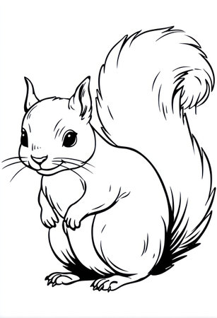 This black and white illustration depicts a squirrel in a simplistic artistic style. The animal has a fluffy tail and is presented in a side view. The drawing features clean lines and a monochrome palette, lending itself well to various commercial applications and design projects. Its minimalist approach makes it suitable for editorial use.の素材