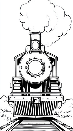 An illustration features a vintage steam train with bold black lines. The train is shown from the front, with smoke billowing from its stack. The composition is simple, using stark contrast to highlight the train. It could be used for educational materials or design projects.の素材