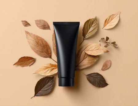 A black cosmetic tube is displayed amidst dried leaves of various shades. The arrangement is set on a neutral beige backdrop, featuring overhead lighting that casts soft shadows. The visual composition suggests a natural beauty or skincare theme, suitable for product promotion or lifestyle imagery.の素材