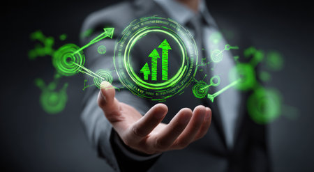 A person in a suit presents a glowing green digital growth concept. The image displays upward-pointing arrows surrounded by a network of lines and circles. The lighting is focused and artificial, with a dark background. This image is suitable for illustrating business, finance, and technology themes.の素材