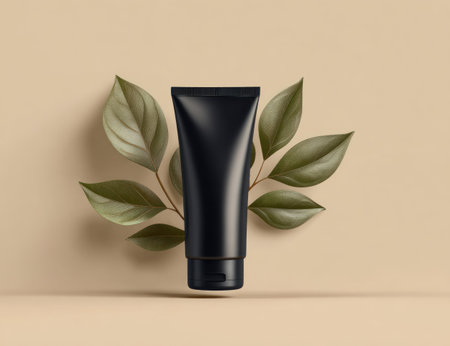 A dark cosmetic tube stands against a soft beige backdrop, accented by green leaves. The composition features clean lines and balanced lighting, giving a modern look. Suitable for product presentations or visual communication in the beauty industry, the image provides a sense of nature.の素材