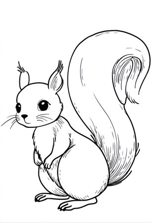A detailed black and white illustration of a squirrel stands on a white background. The artwork features clean lines and textures, emphasizing the animal's fur and body features. This image could be suitable for various uses, including educational materials and design projects.の素材
