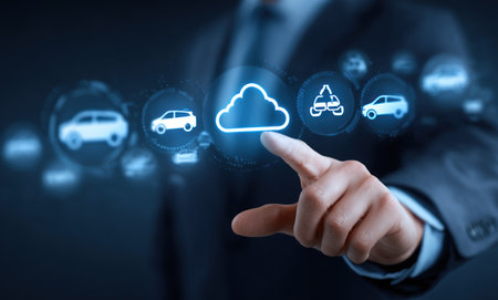 A person's hand is shown pressing a digital interface with icons representing vehicles and cloud technology. The image exhibits a predominantly blue color scheme, and an overall modern look. This imagery could be employed in various projects connected with future transport and innovation, offering visual content for business and advertising materials.の素材