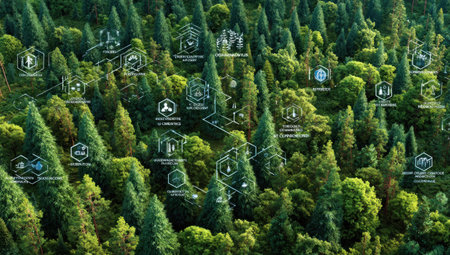 An overhead shot reveals a lush, vibrant green forest canopy dotted with interconnected graphical icons. The composition highlights the density and variety of tree species under natural lighting. The image suggests concepts related to ecology, environmental science, sustainability, and technological applications within natural environments, suitable for various editorial and commercial applications.の素材