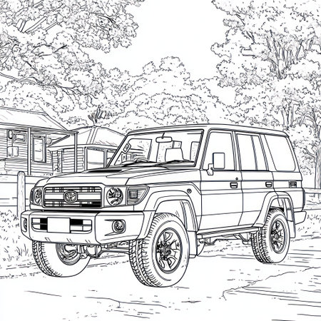An illustration depicts a sport utility vehicle on a road, with trees and a house in the background. The black and white image features detailed line work, with textures created by hatching. The composition is straightforward, employing outdoor lighting and a neutral style. It is suitable for various commercial uses.の素材