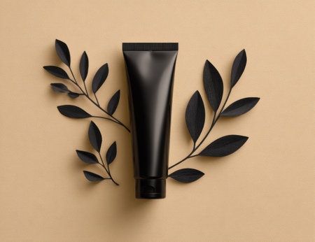 A close-up captures a black cosmetic tube, centrally positioned, against a soft beige backdrop. The tube is encircled by dark stylized leaves, adding a natural element. The overhead lighting accentuates the product. This image is suitable for various cosmetic, beauty, and product advertising projects.の素材