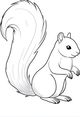 A detailed black and white illustration depicts a squirrel, showcasing its fluffy tail and poised posture. The image uses line art to define the animal's form. This illustration is suitable for educational purposes and could be used for coloring books or various design projects.の素材