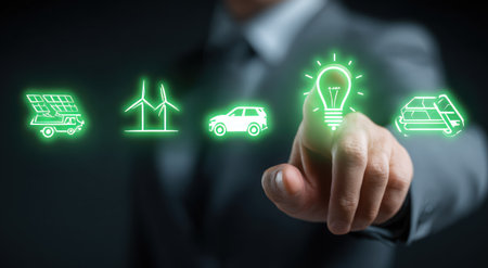 A businessperson in a suit points to glowing green icons representing sustainable energy sources. The image features a modern, clean design with digital elements. Lighting highlights the central lightbulb icon, signifying ideas. This image could be used for articles, advertising, or educational material.の素材