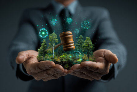 A man in a suit cradles a miniature forest complete with trees and a wooden gavel. This surreal composition features vibrant greenery, with glowing digital elements. The lighting is soft and the background dark, suggesting an indoor setting. Suitable for various editorial and commercial projects related to nature or legal topics.の素材