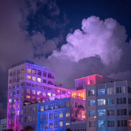 An image showcases urban architecture illuminated by vibrant purple, blue, and pink lights against a nighttime sky. The composition emphasizes the contrast between buildings and clouds. This versatile visual is suitable for various applications, including website design, advertising campaigns, and editorial content.の素材