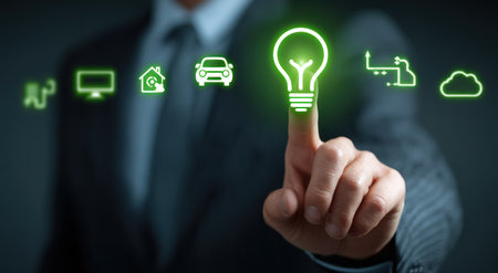 A person in a suit points to a glowing lightbulb icon, surrounded by other technology-related symbols. The image features a shallow depth of field, with the focus on the hand and icons. The color palette primarily uses green and dark tones, suggesting an indoor setting. This image is suitable for illustrating concepts of innovation and energy.の素材