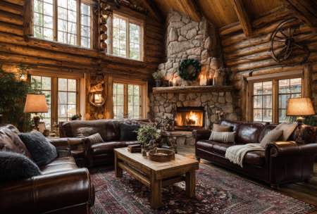 An inviting interior showcases a rustic log cabin design, featuring a stone fireplace and comfortable leather sofas. The scene is illuminated by warm lighting, highlighting wooden textures and decorative elements. The image suggests a relaxing atmosphere and is suitable for various commercial applications, including home decor and lifestyle content.の素材