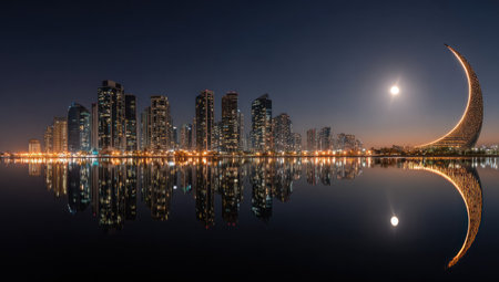 A nighttime cityscape is reflected in calm water, showcasing a modern skyline. The image features architectural structures silhouetted against a dark sky. A crescent moon and full moon are prominent. This visual could be used for various commercial projects and editorial content.の素材