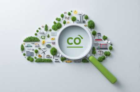 An image presents a cloud-shaped composition filled with miniature elements, including trees, buildings, and vehicles. A magnifying glass with the letters CO is centered over the cloud. The bright composition has a clean, white background, suitable for editorial content or promotional materials.の素材