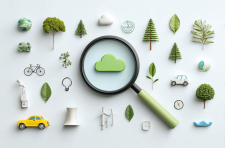 An overhead view displays a magnifying glass focusing on a cloud icon, surrounded by miniature trees, leaves, and a bicycle. The composition features vibrant colors, emphasizing green and white, with crisp details. The scene suggests concepts of technology, environment, and connectivity, ideal for commercial or illustrative use.の素材