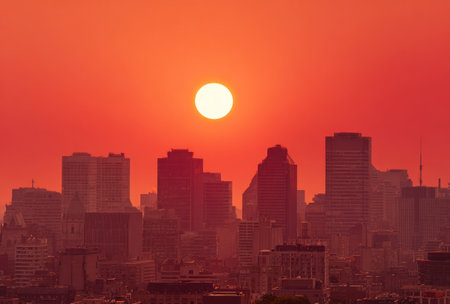 A cityscape is silhouetted against a brilliant red sky during sunset. The image displays buildings of varying heights. Warm colors dominate the scene, enhancing the visual effect. This image could be used for various commercial projects related to urban landscapes, weather, and environmental themes.の素材