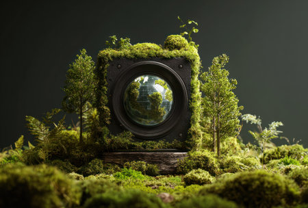A square camera lens is enveloped by vibrant green moss and small trees. A reflective surface within the lens shows a blurred image of a natural environment. The composition is set against a dark backdrop, emphasizing the contrast. This image could be used for ecological themes, design elements, or concepts surrounding nature and technology.の素材