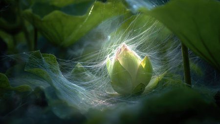A close-up captures a lotus bud, its petals partly open, enveloped in intricate, gauzy webs. The image displays a soft, green color palette with contrasting textures of the bud, webs, and surrounding leaves. The composition is likely illuminated by indirect sunlight, creating a serene, natural scene suitable for artistic or botanical uses.の素材
