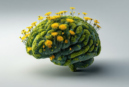 A conceptual image presents a brain shape covered with green textures and yellow flowers. The composition utilizes a close-up perspective with focused lighting, highlighting the organic forms against a plain gray backdrop. The image can be used for projects related to mental health, wellness, science, and the environment.の素材