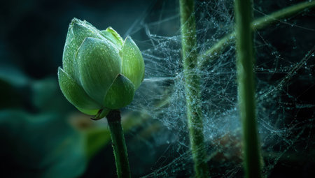 A detailed image showcases a fresh green lotus bud, captured in close-up. Delicate spiderwebs are draped over stems, enhancing the scene's texture. The lighting appears natural, highlighting the plant's form. This versatile image could be utilized for various commercial and editorial applications, emphasizing nature and beauty.の素材