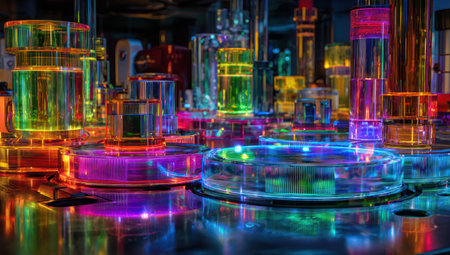 An image showcases laboratory glassware filled with colorful liquids and illuminated with various colors. The composition includes tubes and containers arranged on a surface. The style suggests a futuristic lab setting with bright artificial lighting. Suitable for science, technology, or research-related articles, advertising, and editorial content.の素材