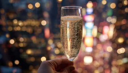 A hand holds a champagne flute filled with sparkling liquid against a blurred cityscape. The image showcases warm tones, with bubbles illuminated within the glass. The background features various light sources suggesting an evening setting. This image is suitable for promotional materials and event-related designs.の素材