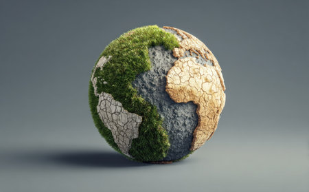 An illustrated globe exhibits contrasting textures to represent land masses and environmental conditions. Lush green vegetation and barren cracked earth are juxtaposed against a gray backdrop. This conceptual artwork could be used in projects related to climate change, conservation, or global environmental challenges. The image is suitable for various commercial applications.の素材