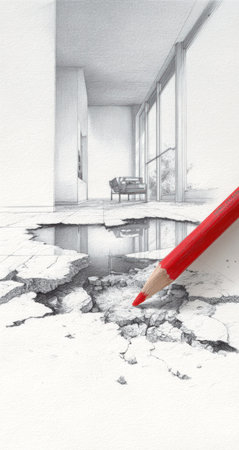A creative illustration depicts an interior space rendered in grayscale, featuring a cracked floor. A red pencil rests near the opening. The composition utilizes a high-angle perspective with strong lines, emphasizing the contrast. Suitable for editorial and commercial applications related to architecture or design.の素材
