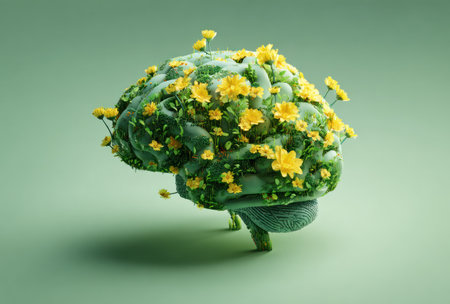 A vibrant image depicts a human brain shape, covered in lush green vegetation and accented by small yellow flowers. The composition features soft lighting against a gradient green background, creating a sense of depth. Suitable for concepts of growth, creativity, or nature, it can be used for various commercial or educational projects.の素材