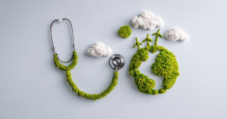 An overhead shot shows a stethoscope intertwined with greenery, connected to a globe-shaped design, also covered in green. White fluffy shapes resemble clouds, suggesting nature and health. The composition uses bright lighting and a clean, light background, suitable for editorial and commercial applications.の素材