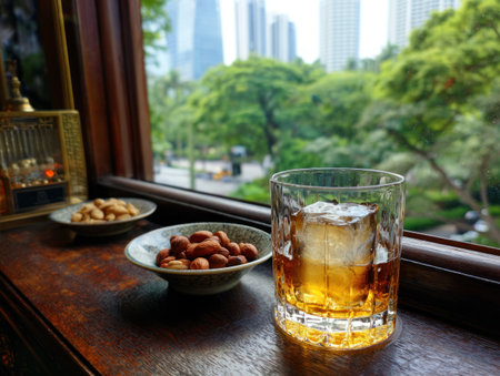 A cocktail glass filled with ice and a golden drink sits on a wooden surface beside small plates of nuts. The scene includes a window with a blurred cityscape and green trees in the background. The style has a warm lighting emphasizing the textures of the table and the snacks, suitable for various editorial and commercial applications.の素材
