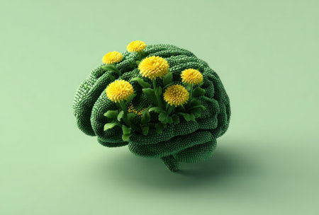 An artistic rendering presents a brain-shaped form adorned with vibrant yellow flowers, set against a soft green backdrop. The textured, three-dimensional representation suggests growth and nature. The imagery conveys concepts of intellect, creativity, and development. Suitable for commercial projects or editorial content needing symbolic representation.の素材