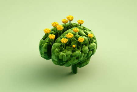 A stylized brain form is densely covered in green vegetation, featuring numerous small yellow flowers. The composition is set against a soft green backdrop, with focused overhead lighting creating subtle shadows. It portrays a conceptual scene of growth and development, suitable for educational or creative projects.の素材