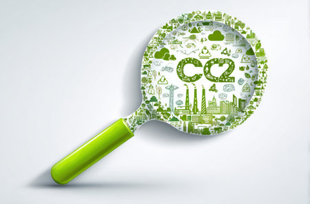 A close-up image showcases a vibrant green magnifying glass, focusing on a CO2 symbol against a backdrop of environmental illustrations. The composition highlights the concept of climate analysis, using eco-friendly colors and digital artwork style. This visual could be used in editorial content or commercial projects promoting environmental awareness.の素材