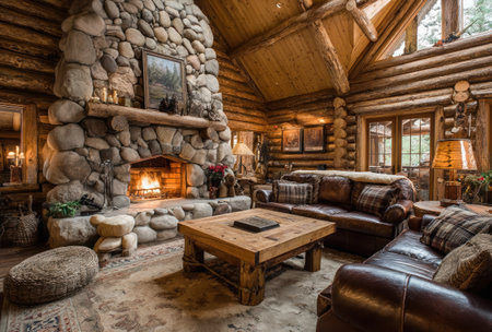 This interior photograph showcases a rustic cabin scene with a prominent stone fireplace. The space features wooden walls and ceilings, complemented by leather sofas. Warm lighting casts shadows across the room, creating an inviting atmosphere. This image could be suitable for illustrating concepts of comfort, relaxation, and home dの素材